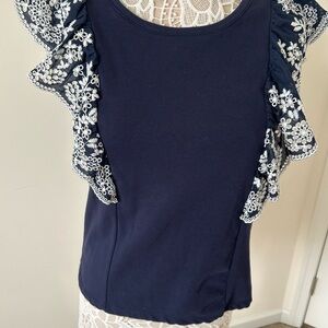 Anthropologie Sleeveless Blue and White Embellished Blouse